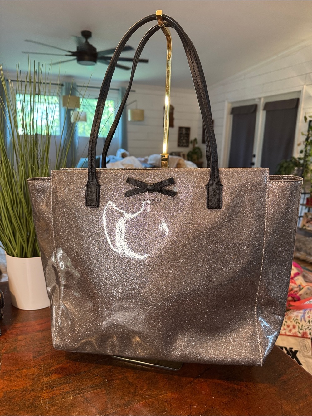 kate spade Metallic Gunmetal Tote with Black Trim
